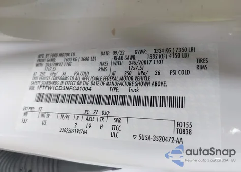 2022 Ford F-150 Xlt from USA, damaged, VIN 1FTFW1CD3NFC41004